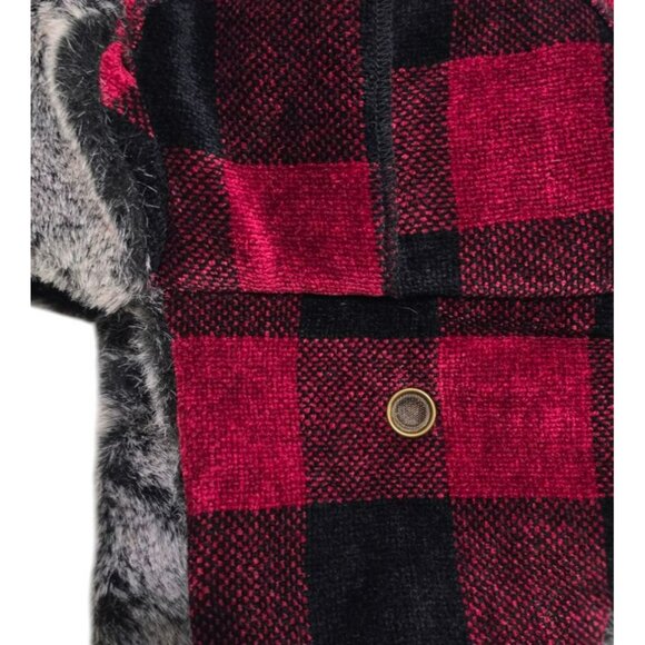VTG Woolrich Trapper Hat Buffalo Plaid Ear Flaps Faux Fur-Lined Cap Red Black - Picture 9 of 12